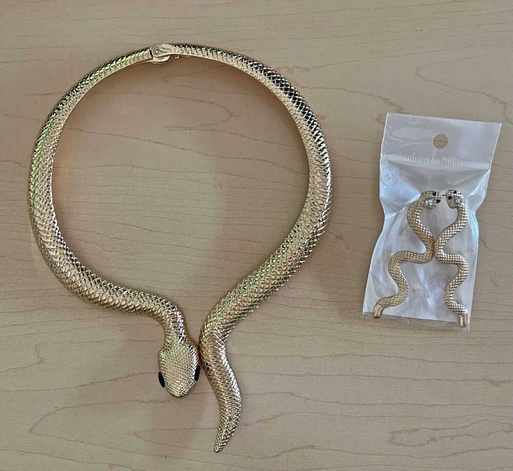 Snake Collar Necklace & Earrings for Halloween Custome Alloy Gold color Golden